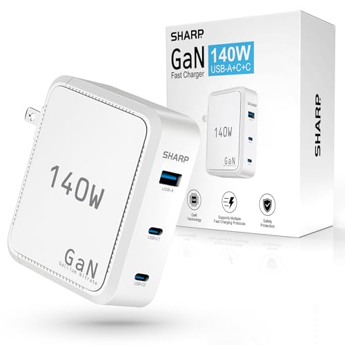 Sharp 140W USB C Charger, Compact Foldable GaN Fast Charge 3-Port (2 USB-C, 1 USB-A) Wall Charger for MacBook Pro/Air, iPad Pro, iPhone 15, Galaxy S22/S21, Dell XPS, White - color: White