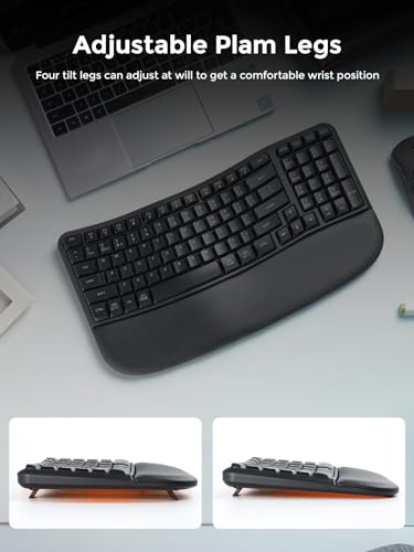 DAREU Wireless Ergonomic Keyboard,Ergo Keyboard with Cushioned Wrist & Palm Rest,2.4GHz / BT Ergonomic Wave Keys Computer Keyboard,3 Multi-Device Connectivity for Laptop,Mac,Windows - Black