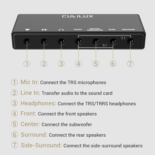 7.1 USB Surround Sound Card- 48KHz-384KHz Sample Rate for Headphones, Full Aluminum Alloy USB A External Sound Card for Laptop PC-Supports Line-in & Stereo Mic in