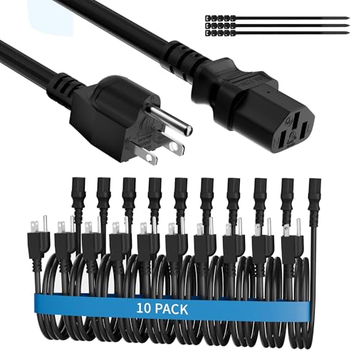 Adoreen Computer TV Monitor Replacement Power Cord 15 Ft/10 Pack, 3-Prong AC Universal Power Supply Cable 5-15P to IEC 320 C13 C14, SJT 18AWG 10A/125V for Treadmill Printer,PC,Desktop+Ties-ETL-Black - size: 15FT, style: 10 Pack