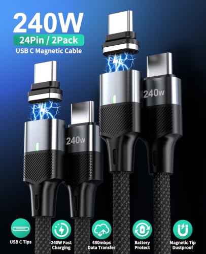 USB C Magnetic Charging Cable 240W [2Pack, 4ft] 24Pin USB C Magnetic Cable to USB C Fast Charger Data Cable, Magnetic Tip Fit All USB-C Cable for iPhone 17 16 15 Pro Max iPad MacBook, Sumsung,Laptop - size: 4FT