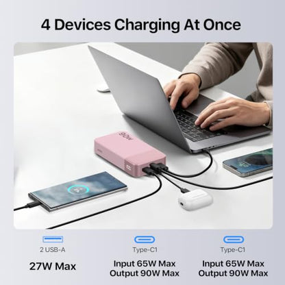 NOBIS Portable Charger 20000mAh 90W Laptop Power Bank | 2C+2A USB-C Fast Charging Battery Pack with LED Display for Laptops, Tablets, Steam Deck & Phones - color: Pink