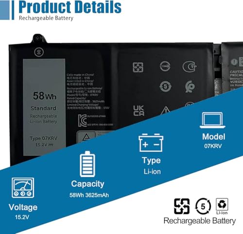 07KRV Laptop Battery Replacement for Dell Latitude 5430 5530 Precision 3570 P104F P104F005 P137G P137G004 Series M69D0 H4PVC 0H4PVC Y86WG 0Y86WG 08WRCR 078FWY 15.2V 58Wh 3625mAh - size: 9.71*3.72*0.21 inch 07KRV