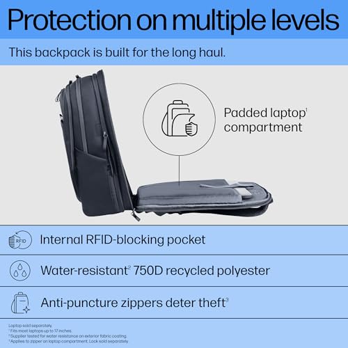 HP 17-Inch Laptop Backpack Travel Plus 30L, Water-Resistant 750D Recycled Plastic, RFID-Blocking Pocket, Anti-Puncture Zippers, Key Fob, Polyester, Blue Graphite, A2CC9AA
