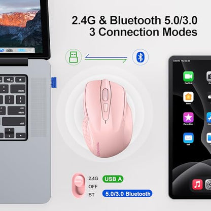 TECKNET Wireless Mouse (2.4G & BT5.0/3.0) Silent 4800 DPI Computer USB A & Bluetooth Mouse 6 Buttons, Wide Compatibility - Pink - color: Pink