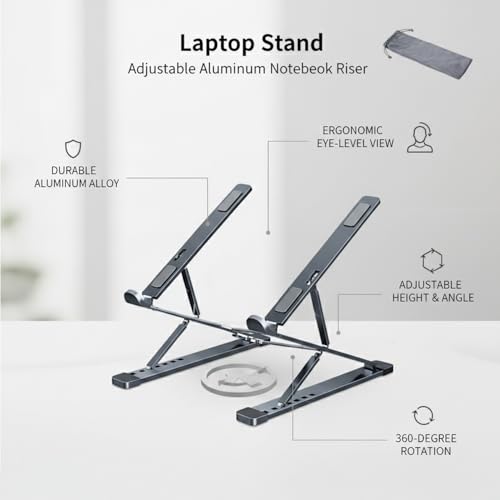 Laptop Stand, Adjustable Aluminum Notebook Riser with 360-Degree Rotation, Foldable Portable Computer Holder for Desk