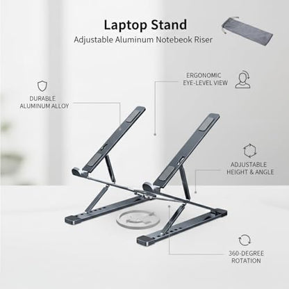 Laptop Stand, Adjustable Aluminum Notebook Riser with 360-Degree Rotation, Foldable Portable Computer Holder for Desk