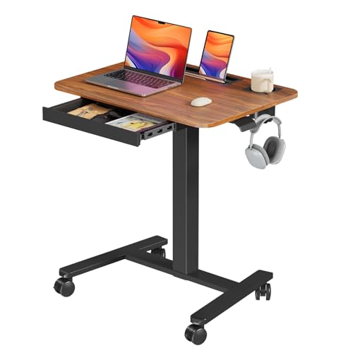 28" Mobile Standing Desk with Drawer, Portable Laptop Desk | Rolling Desk with Cup Holder and Hooks, Height Adjustable Computer Cart with Storage, Lockable & Hidden Wheels, Dark Wood - color: Dark Wood, size: 28"
