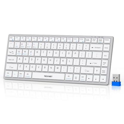 TECKNET Bluetooth Keyboard Rechargeable, 4-Device (2.4G+3BT) Wireless Keyboard, Small Ultra-Slim Keyboard, 14 Hotkeys Computer Keyboard for PC/Laptop/Tablet/iPad, Silvery-White - color: Silvery-white
