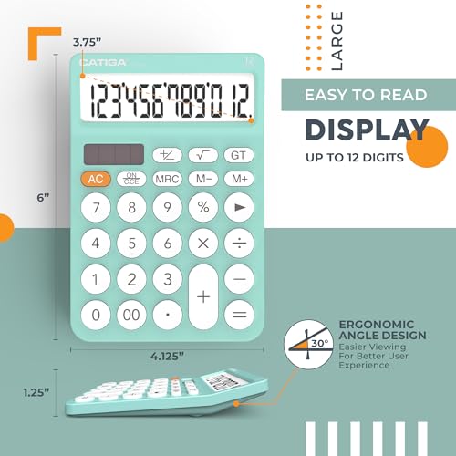 CATIGA 12 Digit Desktop Calculator Basic Desk Calculator with Large LCD Display, Big Buttons, 4 Function, Solar and Battery Dual Power, for Office, School, Home, SD-1292 Fresh Blue - color: 5.2) Fresh Blue