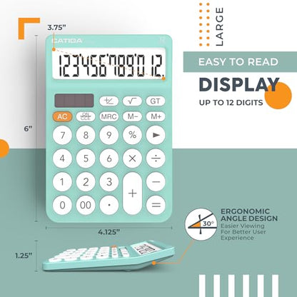 CATIGA 12 Digit Desktop Calculator Basic Desk Calculator with Large LCD Display, Big Buttons, 4 Function, Solar and Battery Dual Power, for Office, School, Home, SD-1292 Fresh Blue - color: 5.2) Fresh Blue