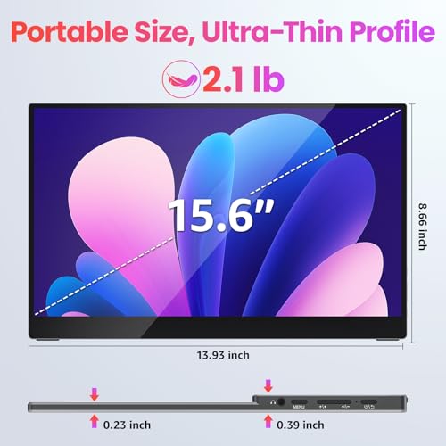 Upperizon Portable Monitor 15.6 inch FHD 90% sRGB 60Hz HDR HDMI USB-C Travel Monitor for Laptop MacBook PC Surface PS5 Xbox, External Display with Kickstand & Speakers, VESA Compatible - size: 15.6