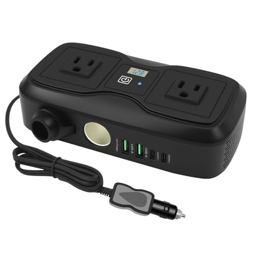 7 in 1 200W Car Power Inverter 12V DC to 110V AC with Car Charger Adapter, Dual USB 2 AC 4 USB PD 20W&QC 3.0 Outlet and Lighter Plug - Car Accessories for Trip and Camping - color: Black