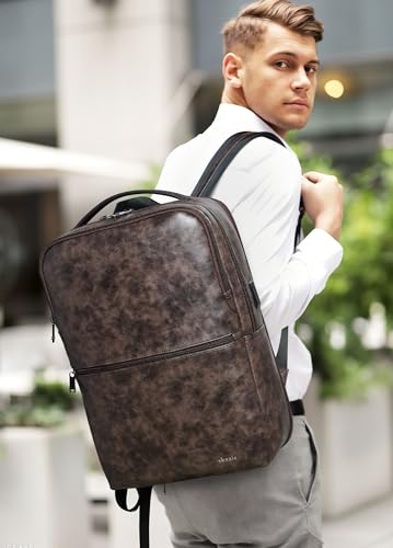 Vegan Leather Laptop Backpack for Women and Men Fits 16 Inch Laptop | Water Resistant,28L Expandable Computer Backpack Purse,USB Charging Port,Travel Work Business College Teacher Nurse - color: Two-toned Coffee