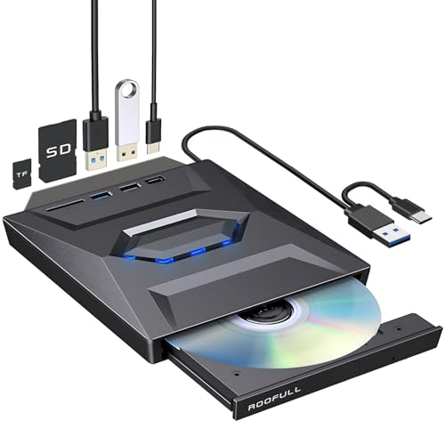 ROOFULL External CD DVD Drive with USB 3.0 Type-C Hub & SD Card Reader | 7 in 1 Portable CD/DVD ROM +/-RW Drive Burner Player Writer for Laptop Desktop PC Mac Windows 11/10/7 Linux - style: 7 in 1 Drive