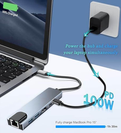6 in 1 Type C to HDTV Adapter, USB C Hub with LAN Port, 4K HDMI Output USB C Adapter Compatible with MacBook Series, Chromebook, Laptop, Mouse, Keyboard, Flash Drive, Hard Disk