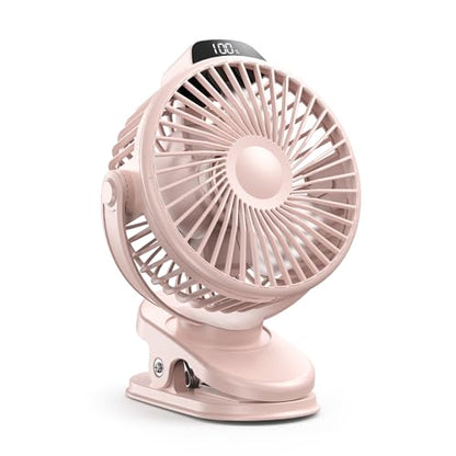 Koonie Portable Clip-On Fan, Small Rechargeable Battery Operated, 3 Speeds | Pink Mini Clamp Fan With LED Display, 360° Rotate Personal Cooling Desk Fan for Stroller Bed Travel Camping Golf Gym - color: pink