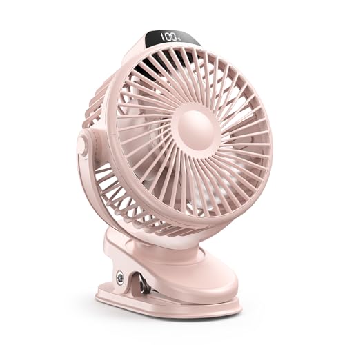 Koonie Portable Clip-On Fan, Small Rechargeable Battery Operated, 3 Speeds | Pink Mini Clamp Fan With LED Display, 360° Rotate Personal Cooling Desk Fan for Stroller Bed Travel Camping Golf Gym - color: pink