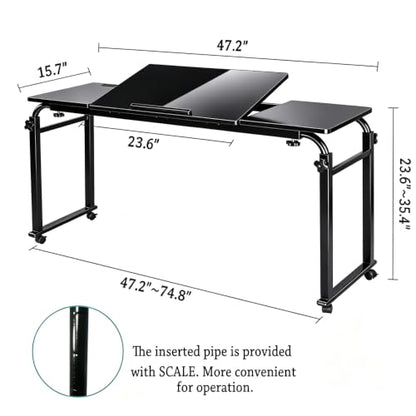 Overbed Bedside Table with Wheels Portable Rolling Laptop Desk Cart Computer Table Over The Bed Table Adjustable Height and Length with Tilt Stand Board for Bed Hospital Home and Office (Black-M) - color: Black-m