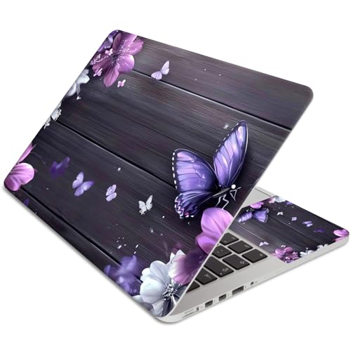 15.6 Inch Laptop Skin Sticker, Reusable Vinyl Cover Protector with 2 Wrist Pad Skins, Removable Waterproof Scratch-Resistant for 12-15.6 Inch Laptop Notebook,Purple And Pink Flowers On Wooden - color: Purple And Pink Flowers On Wooden
