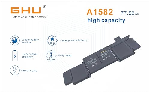 GHU A1582 A1502 Laptop Battery 77.52Wh Replacement for Apple MacBook Pro Retina 13 inch A1493, Early 2015 Mid 2014 Late 2013, Compatible with EMC 2678 2875 2835 ME864 ME865 MF839 MF840 MF843 MF841