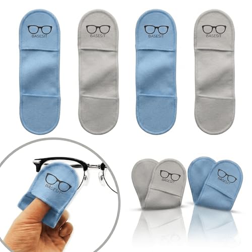 Finger Grip Eyeglass Cleaner (4 Pack) – Premium Microfiber Glasses Cleaning Cloth for Eyeglasses, Sunglasses, Phone Screen & Camera Lens (Blue/Gray) - color: Blue/Gray