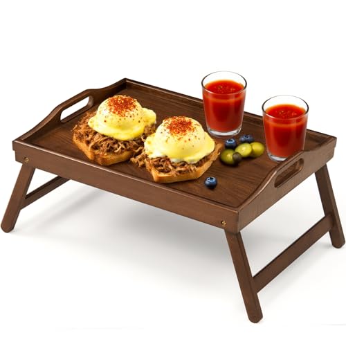 Bamboo Breakfast Tray Table with Folding Legs for Bed Table Sofa - Eating & Laptop Tray Bamboo with Folding Legs (Walnut) - color: Walnut