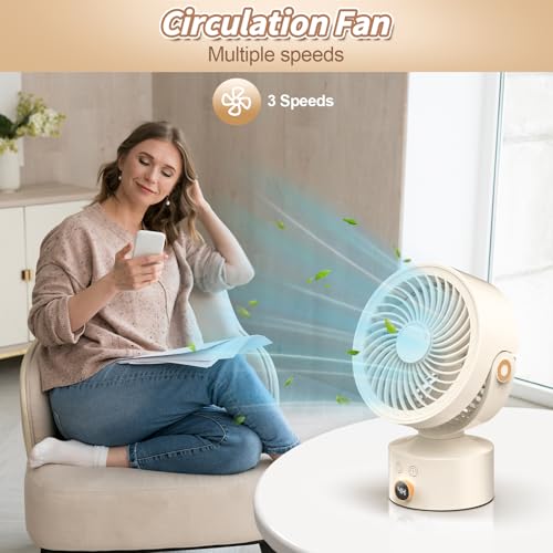 Desk Fan Small Oscillating for Bedroom, 9 Inch Quiet Desk Fan Air Circulator with 3 Speeds, 4H Timer, Rechargeable Desk Fan for Office/Dorm/Room-Beige