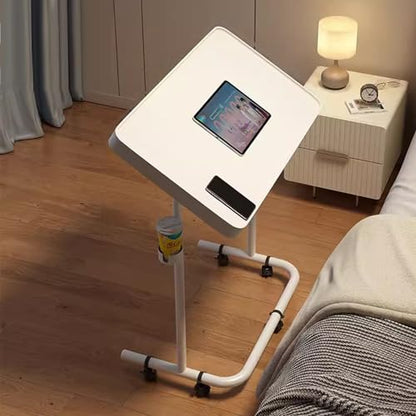 Overbed Table Portable Computer Desk, Rollaway Desk with Cup Holder, Mobile Standing Desk, Multifunctional Height Adjustable Table with Wheels, Sofa Side Table, Tilting Overbed Bedside Table (Color : - color: White