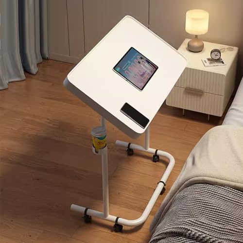 Overbed Table Portable Computer Desk, Rollaway Desk with Cup Holder, Mobile Standing Desk, Multifunctional Height Adjustable Table with Wheels, Sofa Side Table, Tilting Overbed Bedside Table (Color : - color: White