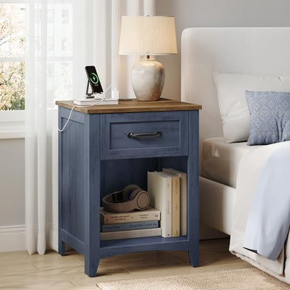 VASAGLE LIRY Collection - Farmhouse Nightstands with Charging Station, Set of 2 Bedside Tables, Side Tables with Drawer, Open Compartment, for Bedroom, Rustic Blue and Honey Brown LET659Q101S-2J - color: Rustic Blue and Honey Brown, size: 2 PACK, style: 1