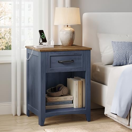 VASAGLE LIRY Collection - Farmhouse Nightstands with Charging Station, Set of 2 Bedside Tables, Side Tables with Drawer, Open Compartment, for Bedroom, Rustic Blue and Honey Brown LET659Q101S-2J - color: Rustic Blue and Honey Brown, size: 2 PACK, style: 1