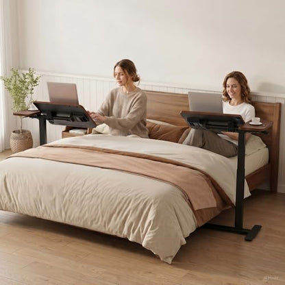 GTPLAYER Pneumatic Adjustable Standing Desk, 28 Inch Tiltable Mobile Rolling Laptop Table with Wheels, Overbed Bedside Table Computer Workstation for Home Office, Walnut - color: Walnut