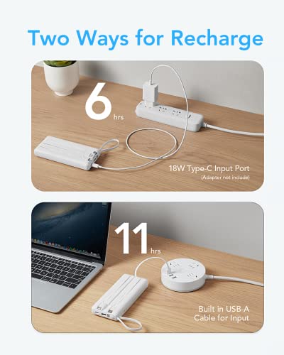 VRURC Portable Charger 20000mAh, Built-in Cables Fast Charging Power Bank, PD QC 3.0 Travel Essentials Battery Pack, 4 Output & 2 Input Phone Charger for iPhone16 15 14 13 X, Samsung, Android - color: White