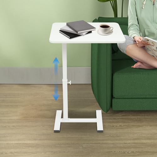 Overbed Table with Hidden Wheels, Bedside Table with Height Adjustable, H-Shaped Base, White Modern Rolling Table Tray & Laptop Cart for Laptop, Reading & Dining