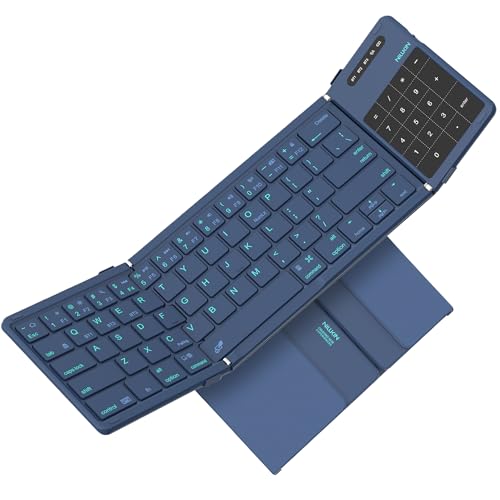 Nillkin Bluetooth Foldable Keyboard with Touchpad & Number Pad, Pocket-Size Portable Keyboard with Full Size Keys, Wireless Keyboard with Trackpad for 3 Devices iPad Tablet Laptop Phone, Blue - color: Blue