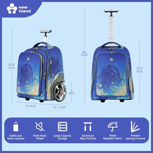 NEW TILAMI 20 Inch Rolling Backpack for School Stair-Climbing Big Wheel | Teen Boys Girls Carry-on Suitcase Large Organizer Compartment 15.6 Laptop Sleeve Adjustable Handle Roller Travel Bag College - color: Chill Blue Print