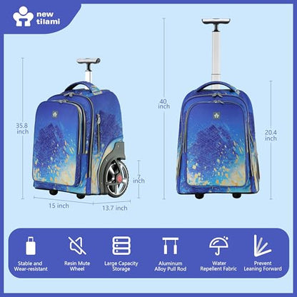NEW TILAMI 20 Inch Rolling Backpack for School Stair-Climbing Big Wheel | Teen Boys Girls Carry-on Suitcase Large Organizer Compartment 15.6 Laptop Sleeve Adjustable Handle Roller Travel Bag College - color: Chill Blue Print