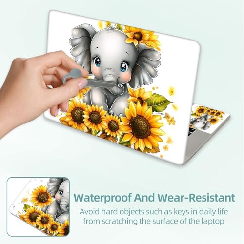 Universal Laptop Skin Decal, 3-Piece Vinyl Protector for 12 13 14 15.6" Notebook, Waterproof Anti-Scratch, Easy Trim & Bubble-Free Finish, Baby Elephant Sitting on Sunflowers - color: Baby Elephant Sitting on Sunflowers