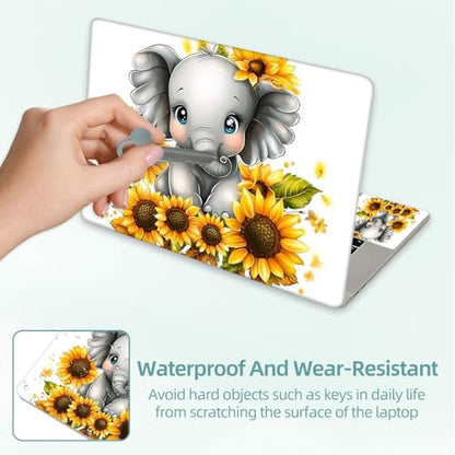 Universal Laptop Skin Decal, 3-Piece Vinyl Protector for 12 13 14 15.6" Notebook, Waterproof Anti-Scratch, Easy Trim & Bubble-Free Finish, Baby Elephant Sitting on Sunflowers - color: Baby Elephant Sitting on Sunflowers