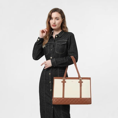 Keyli 3pcs Laptop Bag for Women,15.6 Inch Canvas Tote Bag Work Bags Large Business Computer Briefcase Shoulder Handbag Purse - color: S-brown+khaki