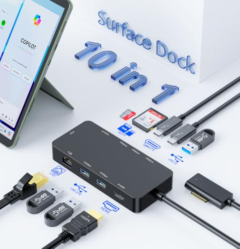 10-in-1 Surface Docking Station for Surface Pro & Laptop, 4K@60Hz HDMI, USB-C & USB 3.0 Ports, SD/TF Card Reader, Gigabit Ethernet, PD Charging, Magnetic Surface Connect