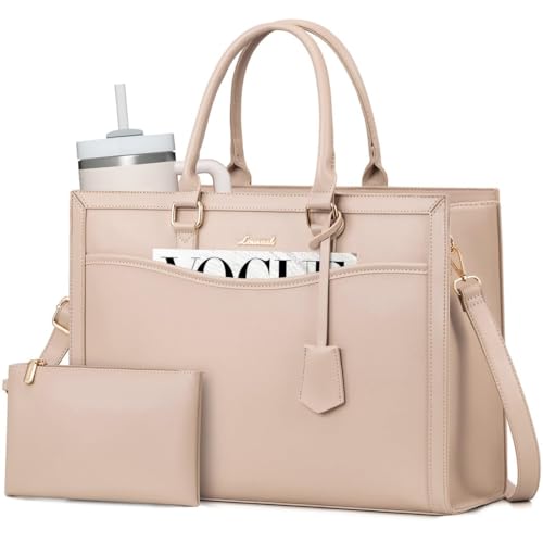 LOVEVOOK Laptop Tote Bag for Women, Large Work Computer Bag with Cup Holder | PU Leather Business Briefcase Teacher Travel College Bag Handbag fit for 15.6 inch Laptop, Office Purses Gifts for Women,2pcs - color: Leather/Apricot, size: 15.6 Inch
