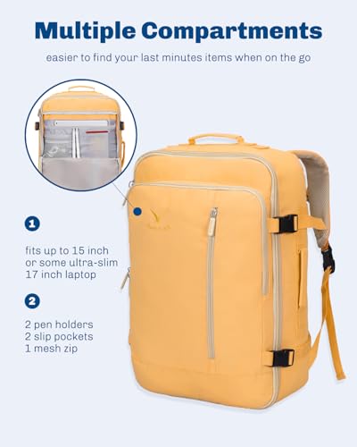 Carry on Backpack 38L Large Travel Backpack for Women Flight Approved Weekender Bag Laptop Backpack Men 15 inches Yellow - color: Yellow