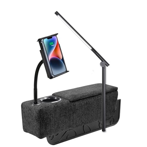 Multifunctional Sofa Armrest, Couch Armrest with Wireless Charge Stand, Removable Couch Caddy with Storage,Including LED Reading Light - color: Midnight, size: Fabric-1 CUP