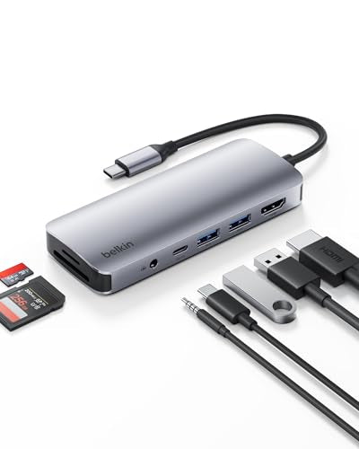 Belkin USB-C Hub, 7-in-1 Multiport Adapter - USB Docking Station with 4K HDMI, USB-C PD 3.0 Port, 2 x USB-A 3.1 Ports, SD Card & MicroSD Card Slots, & 3.5mm Audio Jack for Neo MacBook, iPad Pro, XPS - style: 7-in-1 USB-C Hub