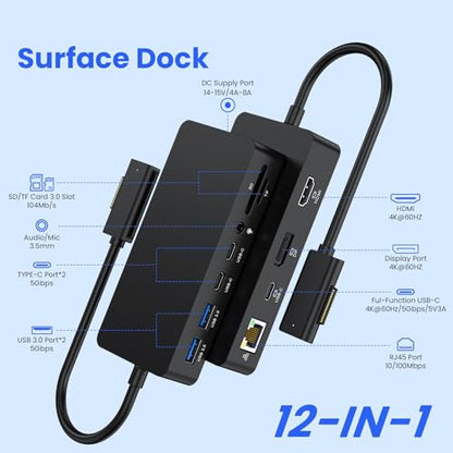 2026 New Surface Dock Triple Displays 4K HDMI+DP+Thunderbolt 4, 12 in 1 Surface Pro Docking Station with 120W Power Adapter for Surface Pro 11/10/9/8/X/7/6/5/4/3, Surface Laptop, Surface Book Go