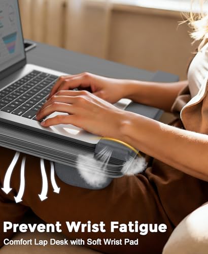 Lap Desk 2-Pack - Up to 17” Laptop with Wrist Rest, Portable Handle, 2 Self-Adhesive PVC Mouse Pads, Tablet & Phone Slots, Laptop Stand for Bed with Cushion