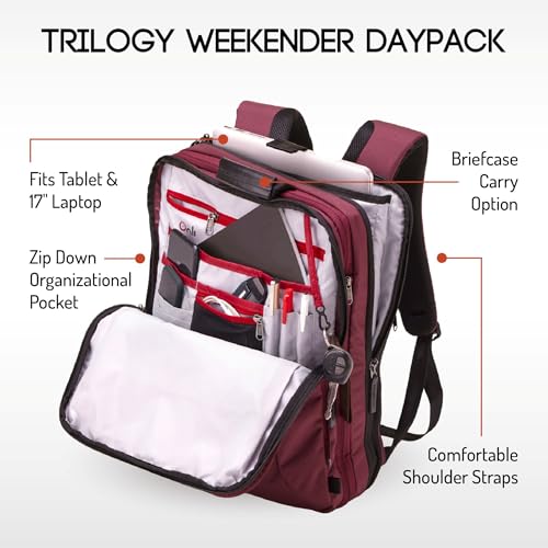 Trilogy Weekender Daypack I Opens like a suitcase, for easy packing. Expands into a 22-liter weekender. Hidden under-bag sling holds yoga mat, sleeping bag, and doubles as a rear cover (Zinfandel) - color: Red