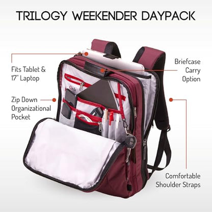 Trilogy Weekender Daypack I Opens like a suitcase, for easy packing. Expands into a 22-liter weekender. Hidden under-bag sling holds yoga mat, sleeping bag, and doubles as a rear cover (Zinfandel) - color: Red